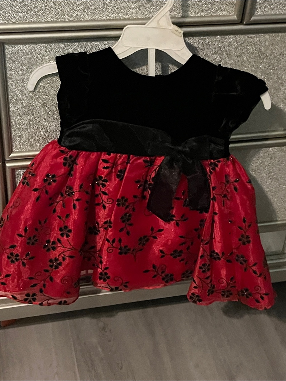 Black & Red Velvet Floral Party Dress for Girls